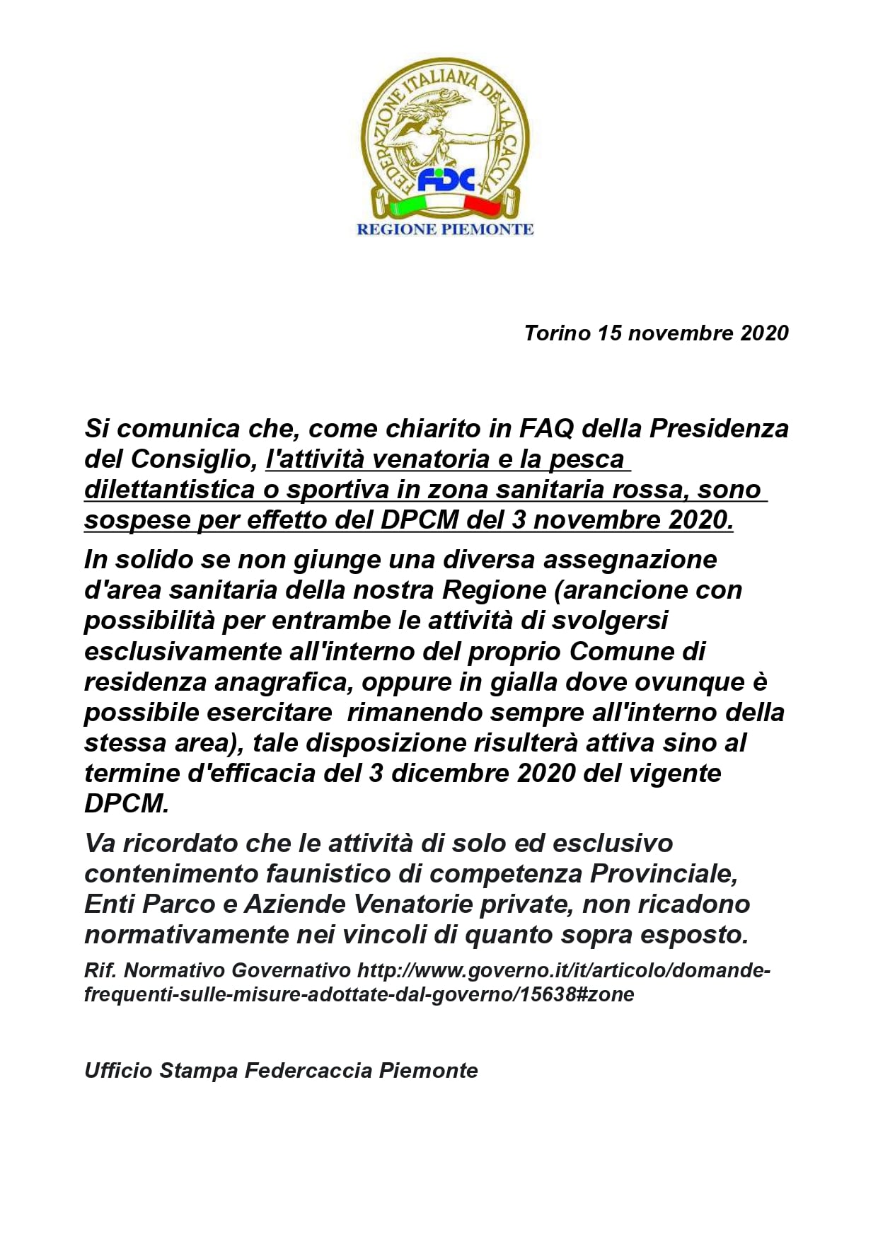 comunicato 15 novembre 2020