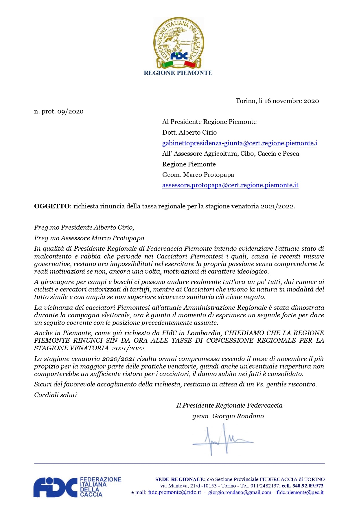 lettera Regione 16 novembre 2020